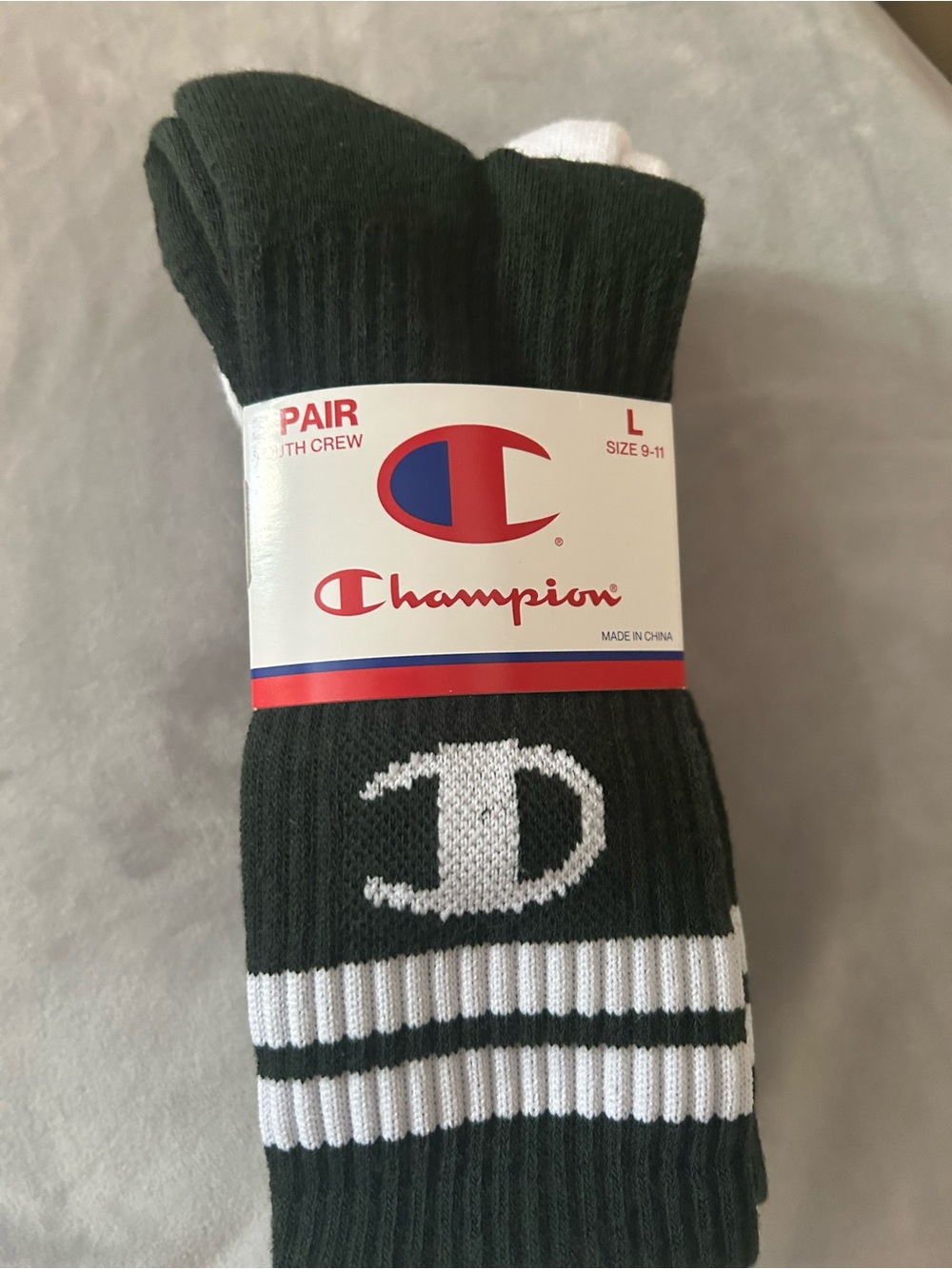 Champion Men's Dark Green & White Crew Athletic Socks